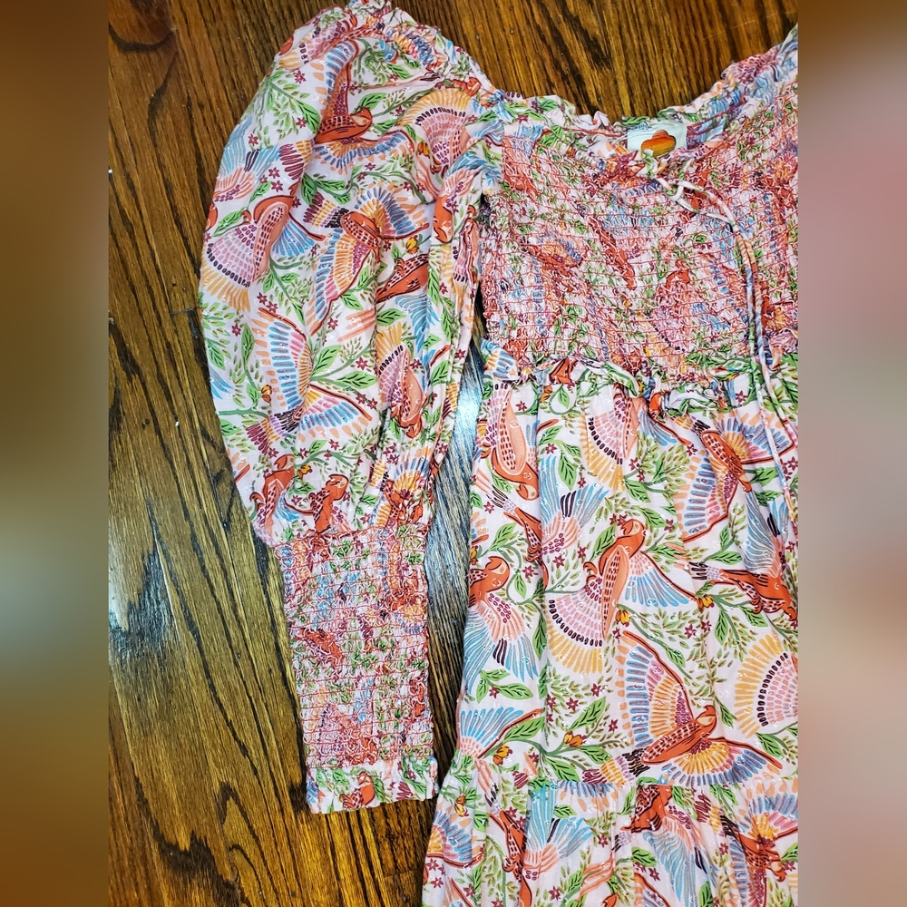 Farm Río Anthropologie Maxi Dress Macaw Flight Smocked Top Pink Midium - Picture 10 of 16